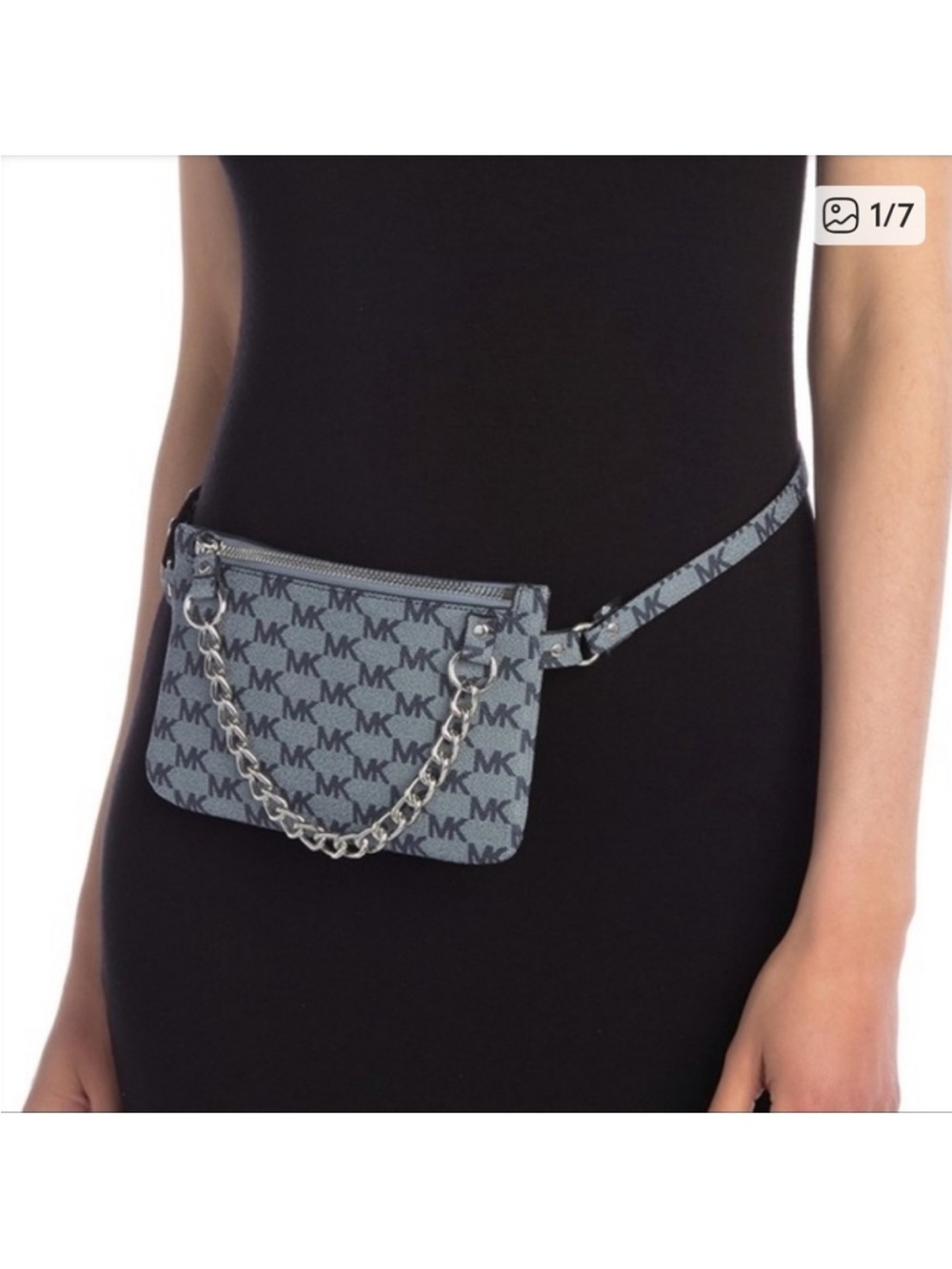 Michael Kors Blue MK Logo Belt Bag with Silver Chain